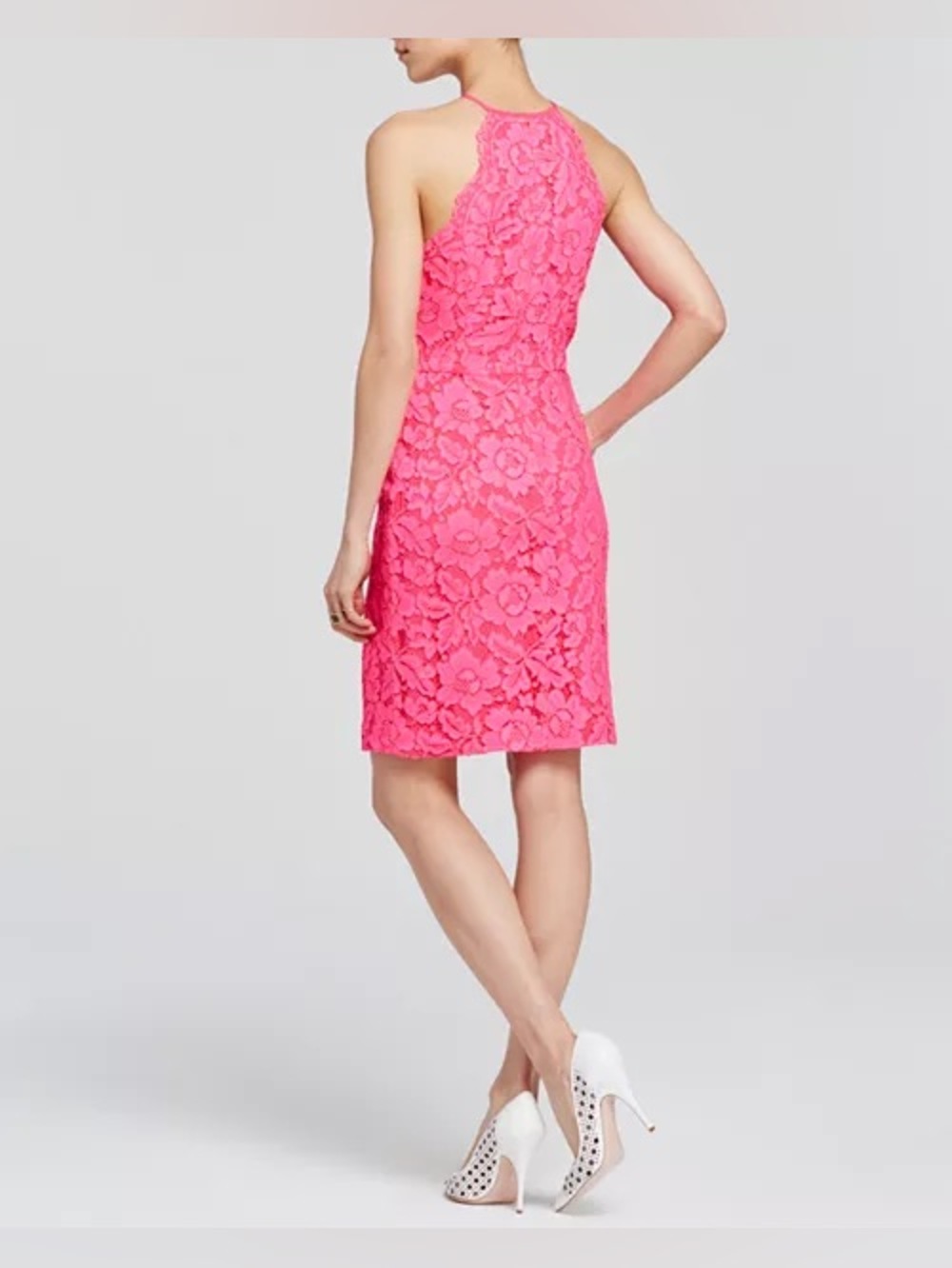 🩷 Trina Turk Fuchsia Lace Sheath Dress ✨ Sleeveless High Neck Racerback Size S - Picture 3 of 6